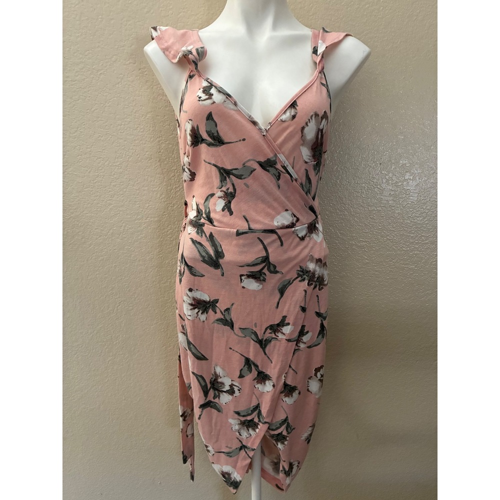 Pink Floral Ruffle Shoulder Wrap Midi Dress Sleeveless V-Neck Tulip Hem